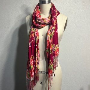 Red floral lightweight fringe scarf